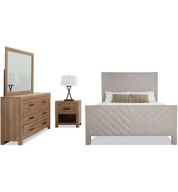 Bob's Discount Furniture Calvin 4 Piece Queen Oatmeal Upholstered Panel Bedroom Set