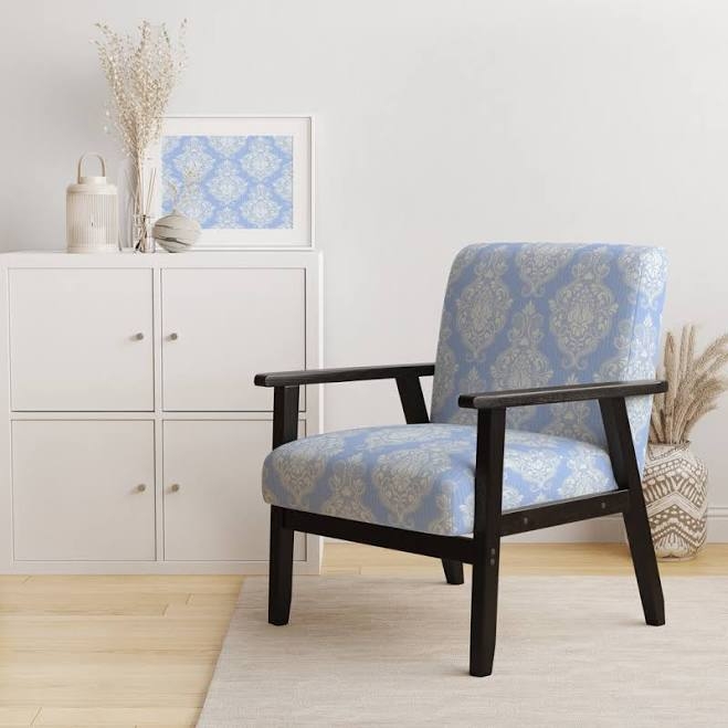 Canora Grey Blue and White Damask Upholstered Patterned Accent Arm Chair