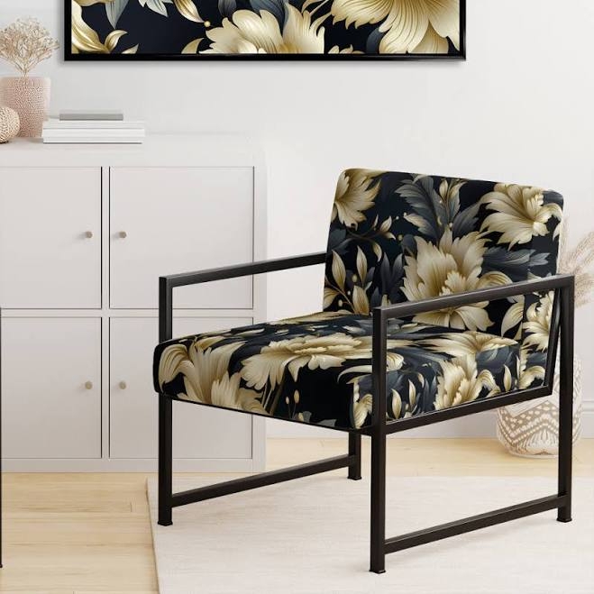 Designart Black and Beige Damask Flower Opulence Upholstered Accent Chair