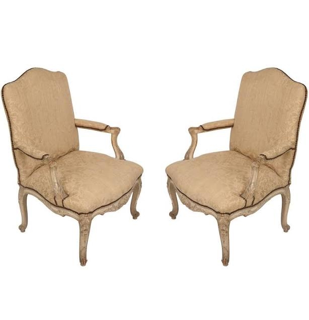 Pair of Antique Ivory Woven Damask Upholstered Armchairs