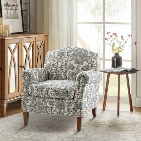 Upholstered Floral Armchair Single Sofa Accent Chair Nailhead Trim Removable Cushion Wooden Legs Home Living Room