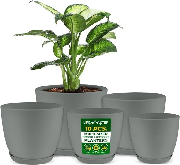 Lifemaster Lightweight, Durable Planter Pots with Drainage Holes. Space-Saving Indoor/Outdoor