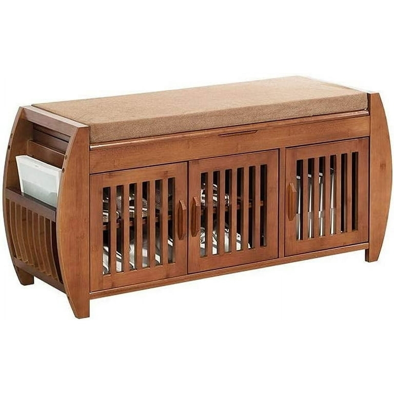 Bamboo Shoe Storage Bench with Slatted Doors and Side Magazine Rack