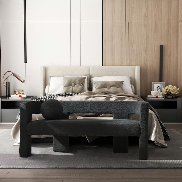 Bedroom Bench with Cutout Backrest, Boucle Fabric Textured Seating