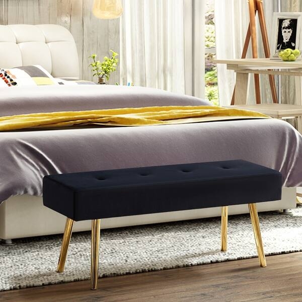 Bedroom Bench with Gold Tapered Legs, Tufted Velvet Glam Furniture Stool