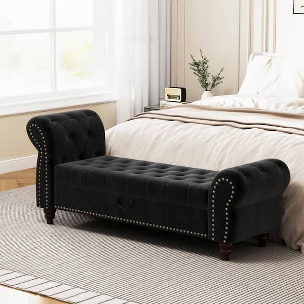 Bedroom Bench with Rolled Arms, Tufted Black Fabric Storage Ottoman