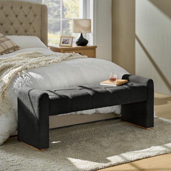 Bedroom Bench with Upholstered Block Legs, Modern Black Boucle Seating