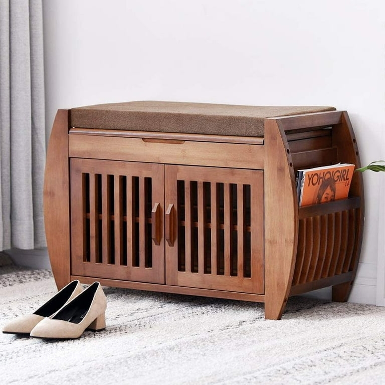 Curved Bamboo Shoe Storage Bench with Slatted Doors and Cushion