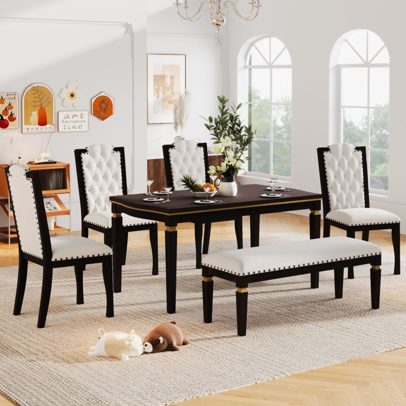 Dining Bench Button Tufted Seat Gold Leg Accents Espresso