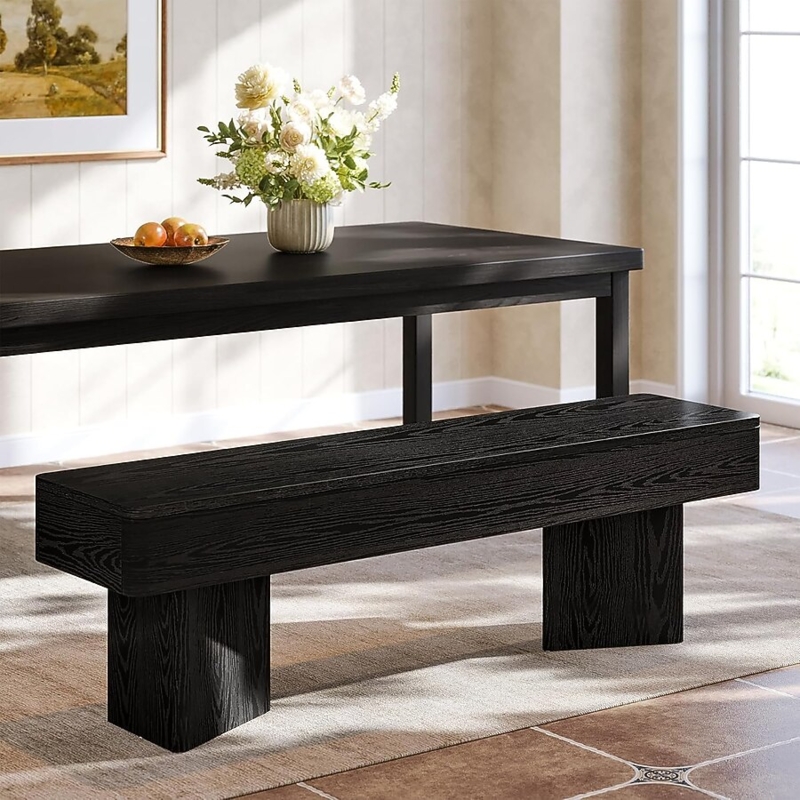 Dining Bench Chunky Block Base Visible Wood Grain Black