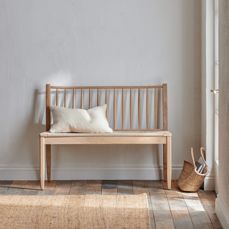 Dining Bench High Spindle Back Woven Cord Seat Natural Wood