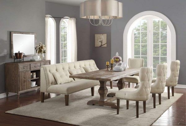 Dining Bench Long High Back Tufted Linen Rustic Trestle Set