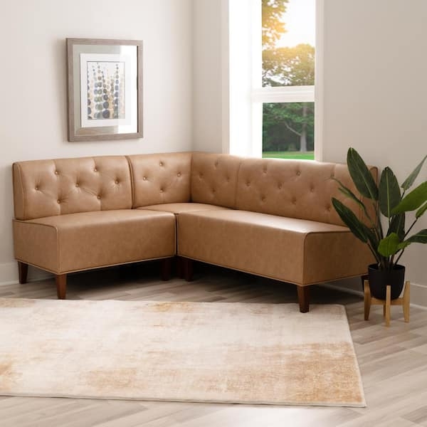 Dining Bench Tan Faux Leather Corner Nook Tufted High Back