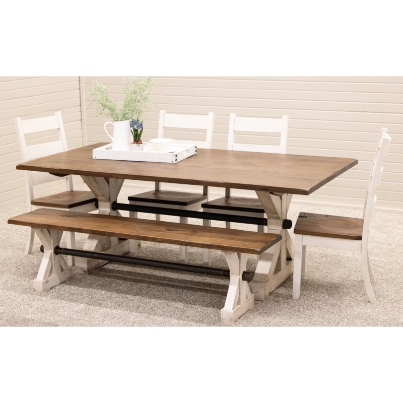Dining Bench Two-Tone Wood Trestle Base Industrial Pipe Stretcher