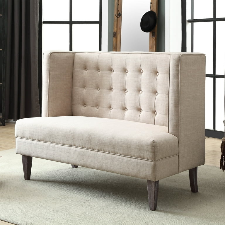 Dining Bench Wingback Beige Button Tufted Linen Look