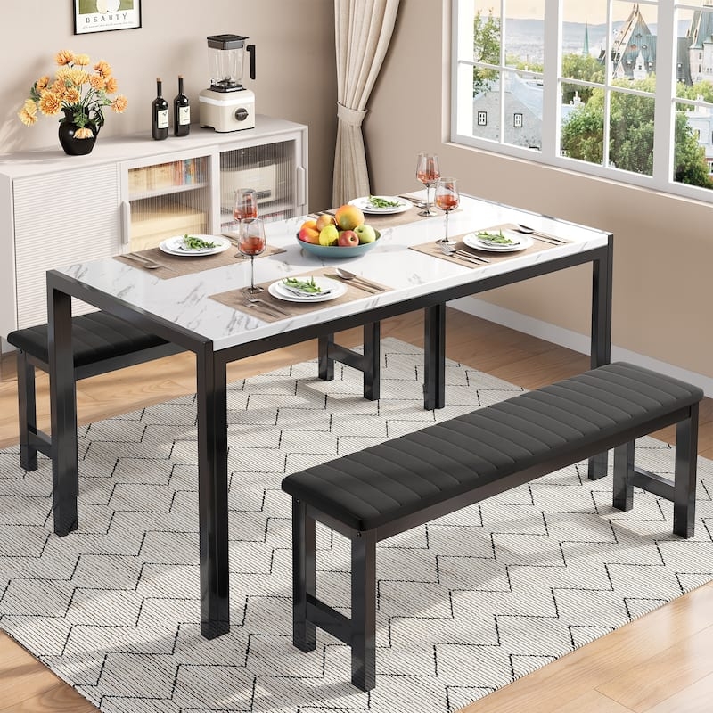 Dining Set Marble Finish Top Channel Tufted Velvet Benches