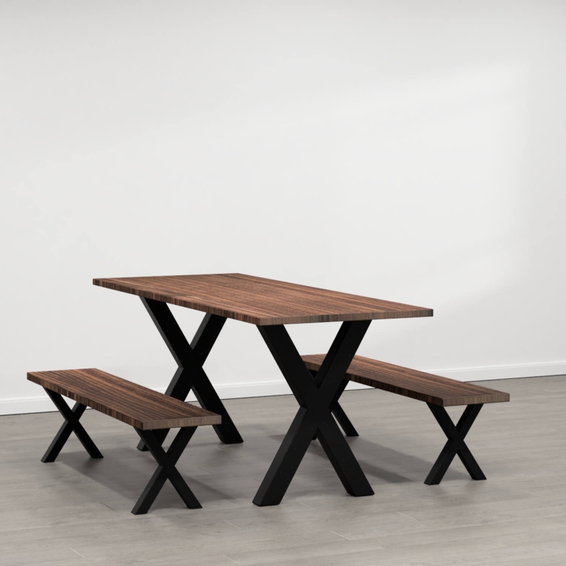 Dining Set with Wood Slab Tops and Black Metal X-Leg Backless Benches