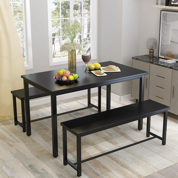 Dining Table Set Black 3-Piece Dining Set With Backless Bench Seating