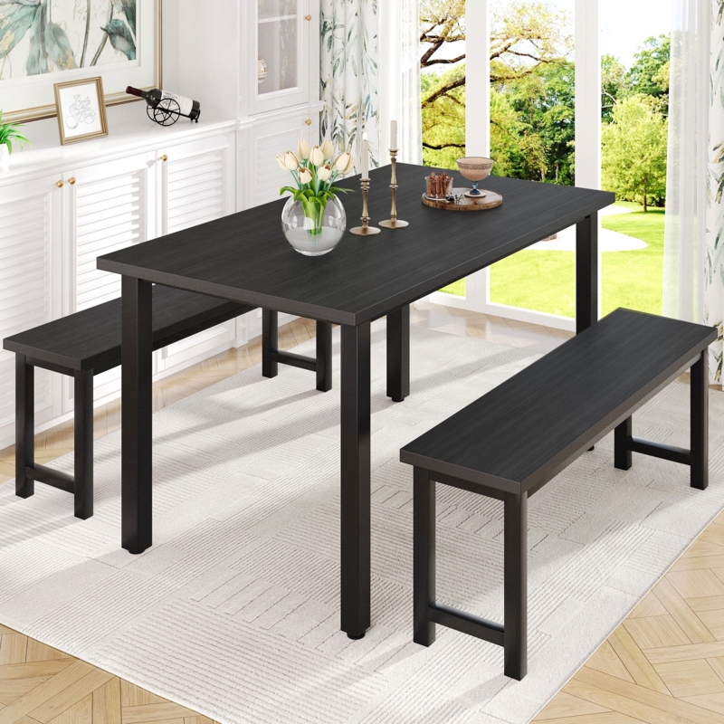Dining Table Set Metal Frame Backless Benches Space Saving