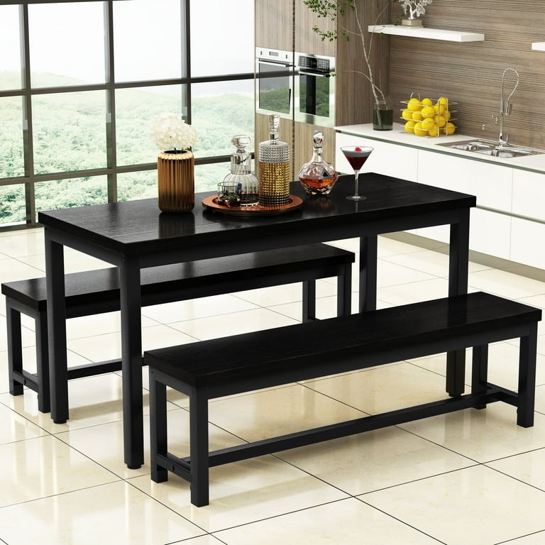 Dining Table Set Tuck-Under Benches Matte Finish Farmhouse