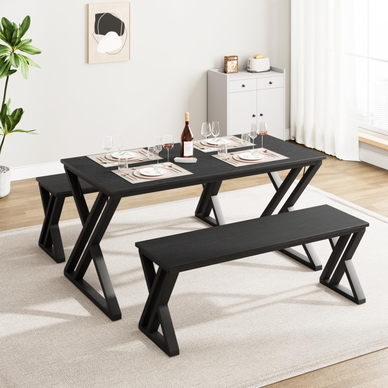 Dining Table Set X-Frame Base Backless Benches Black
