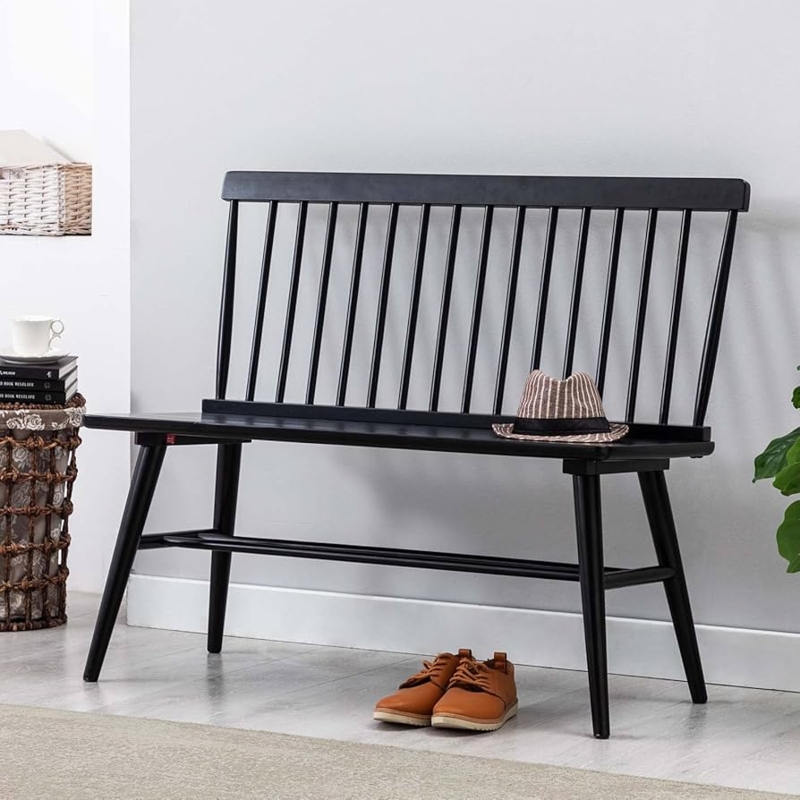 Entryway Bench Spindle Back Windsor Style Matte Black