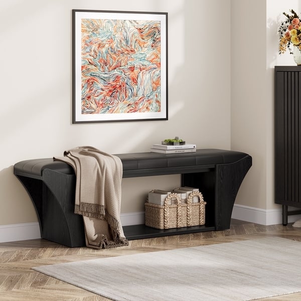 Entryway Bench with Curved Side Silhouette, Quilted Top Hallway Seating