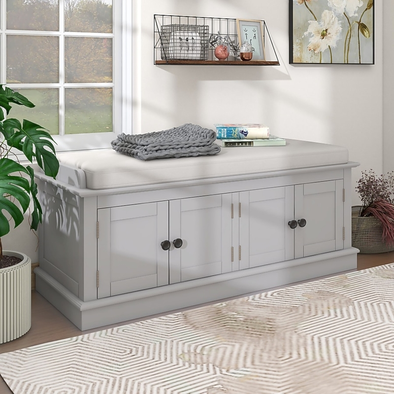 Gray Wash Storage Bench with Four Doors and Recessed Panels