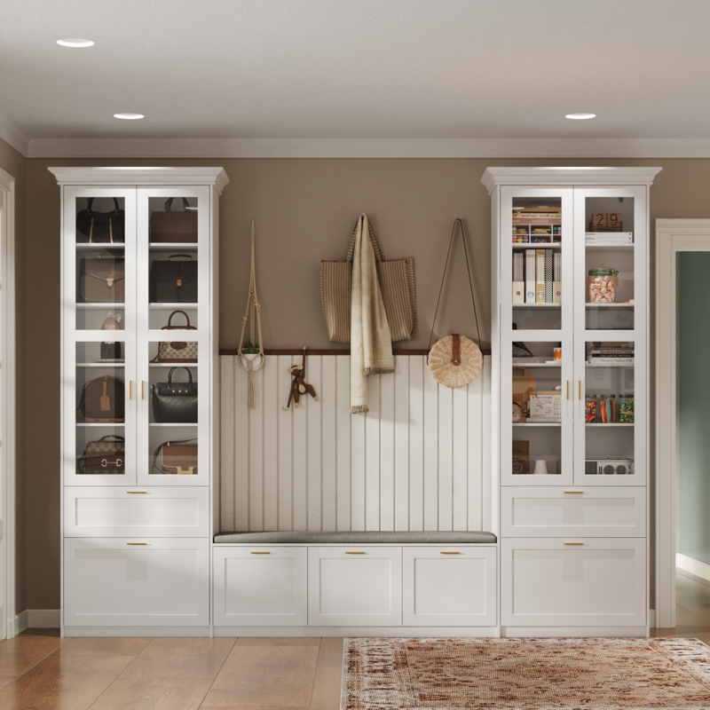 Hall Tree White with Glass Curio Cabinets, Bench, and Wall Hooks
