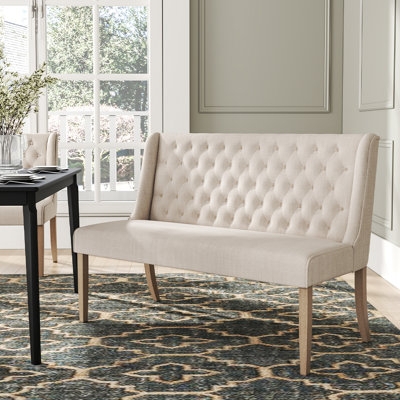 High Back Bench Beige Linen Look Wingback Tufted Transitional