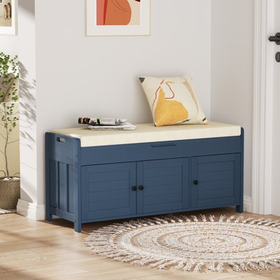 Navy Blue Storage Bench Louvered Doors with Hidden Shoe Storage