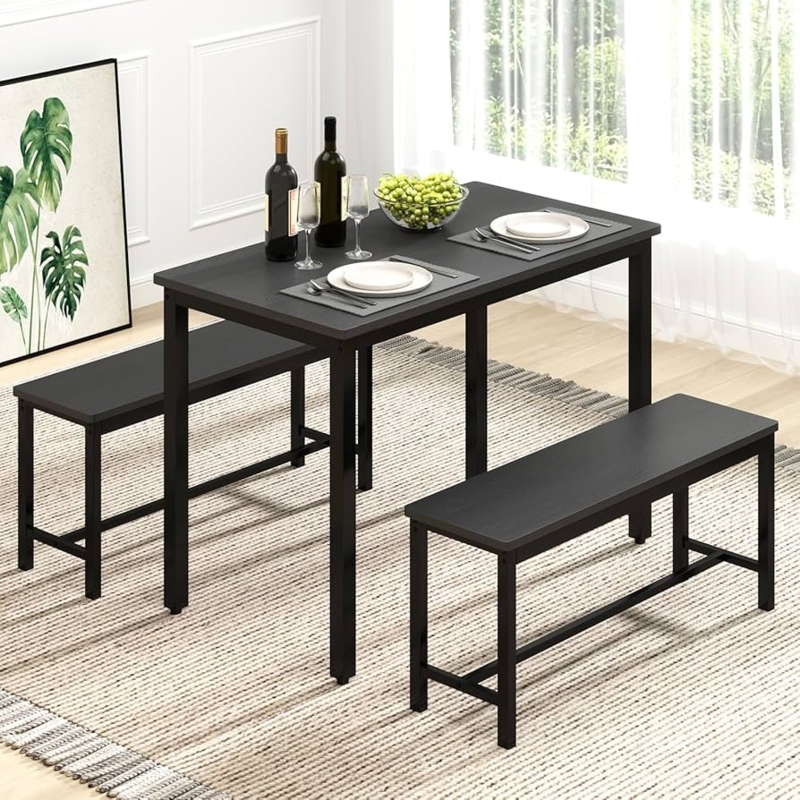 - Rovibek 43" Dining Table Benches Set for 4, Modern Space  Saving Kitchen Table Chairs & Adjustable Feet Breakfast Table 2 Benches,  Wooden Industrial Style Farmhouse, Black - Table & Chair Sets