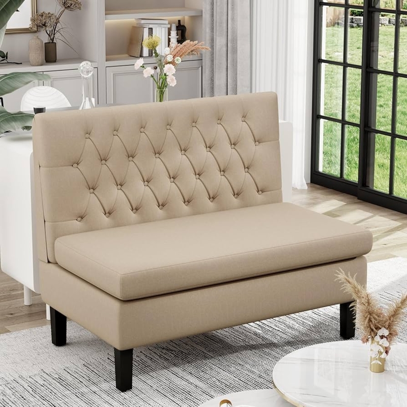 Settee Armless Diamond Button Tufted Khaki Linen Modern