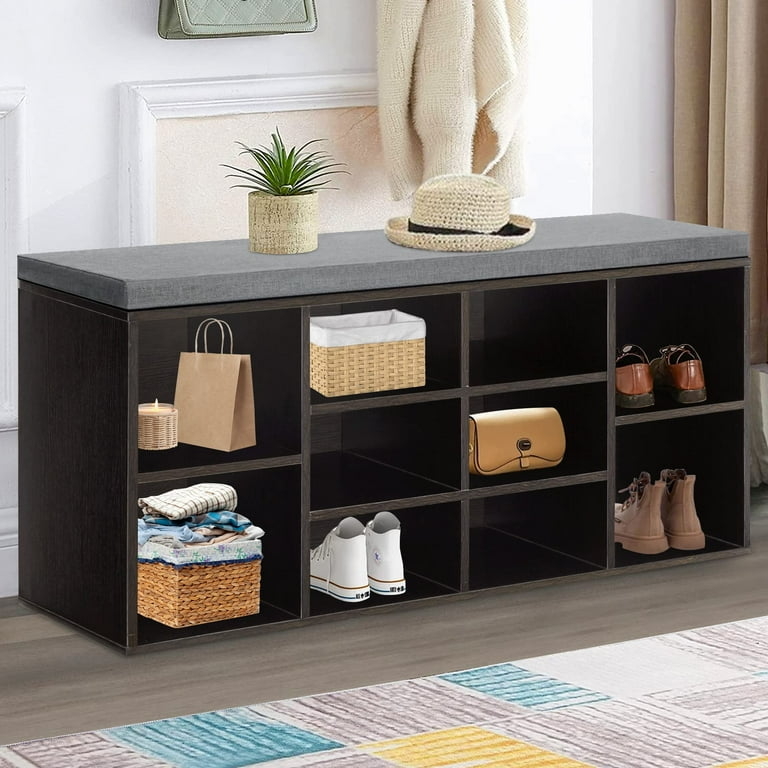Shoe Bench Black with Ten-Compartment Grid and Upholstered Gray Seat