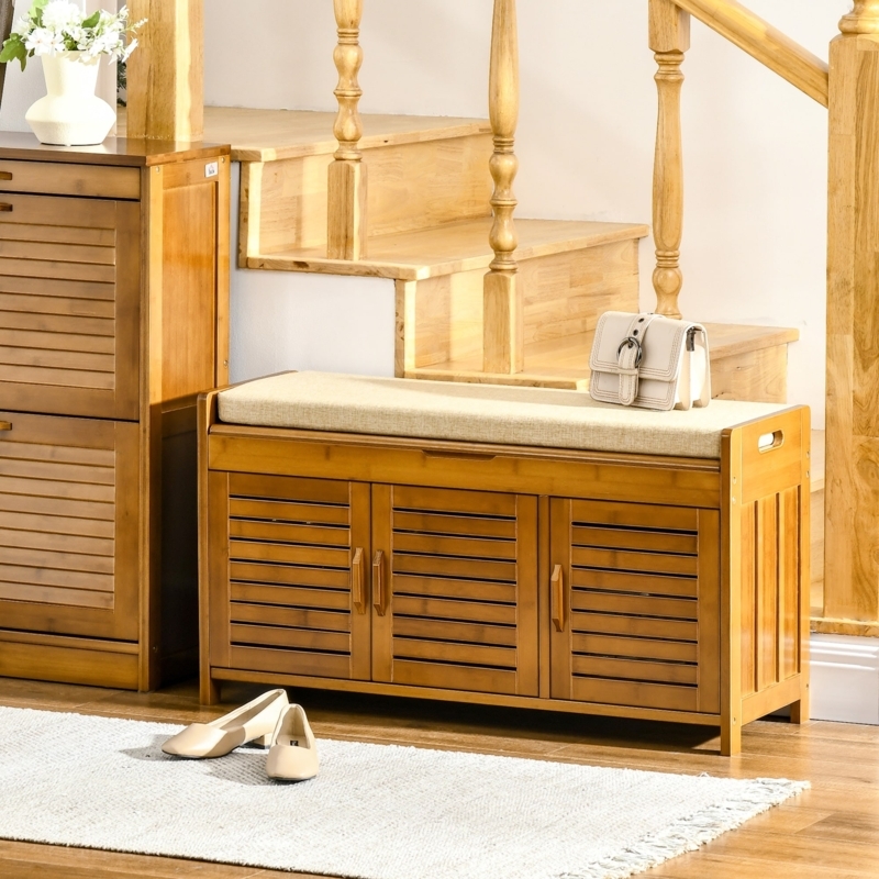 Shoe Storage Bench Bamboo with Slatted Doors and Hidden Flip-Top