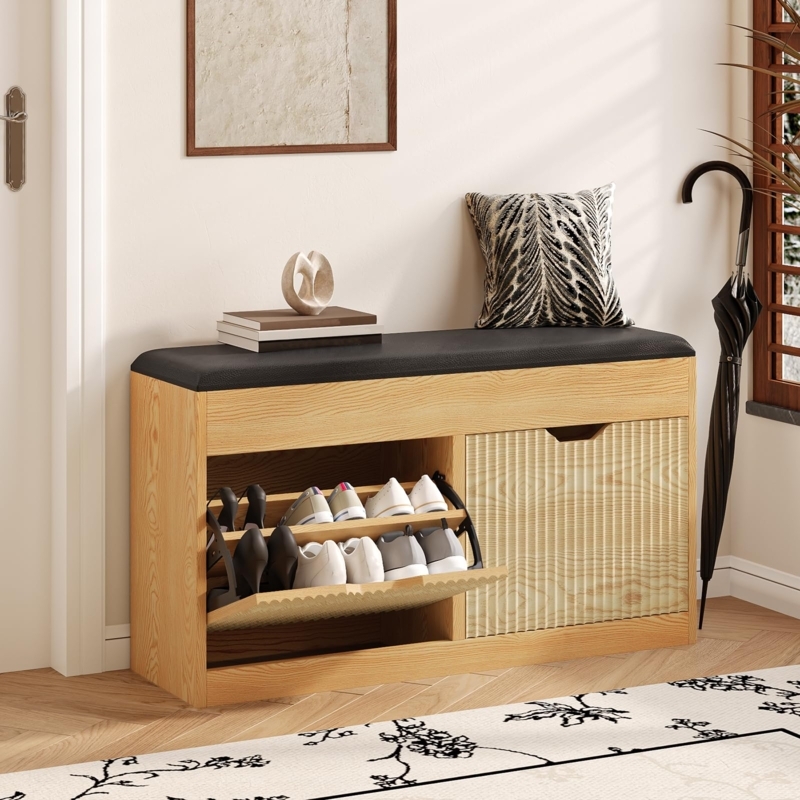 Shoe Storage Bench Light Wood with Flip-Down Racks and Ribbed Detail