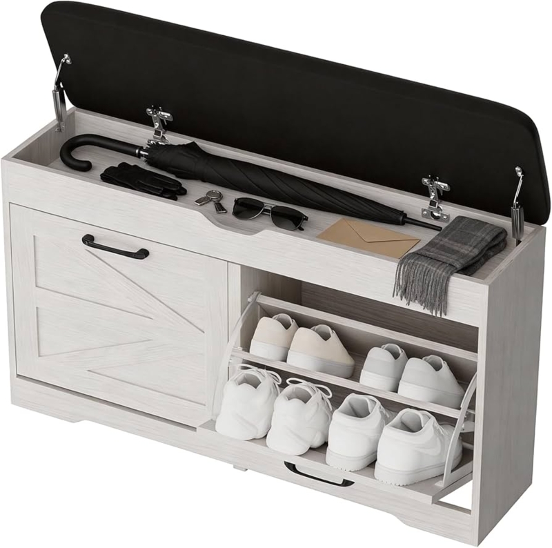 Shoe Storage Bench White Farmhouse, Barn Door, Tiered Shoe Bins