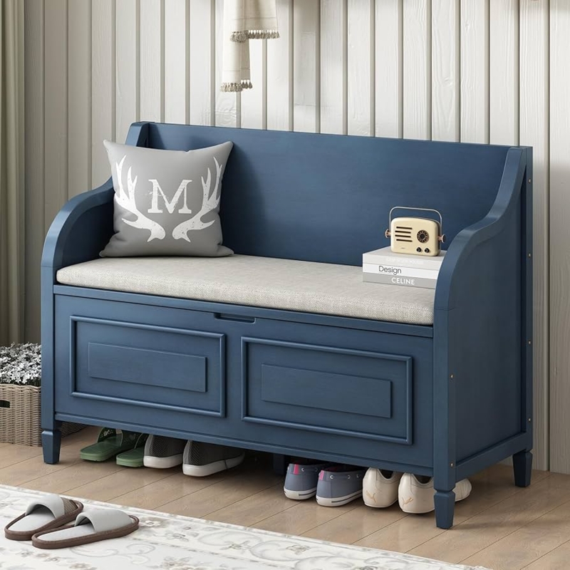 Storage Bench Antique Navy High-Back with Flip-Top Lid and Cushion