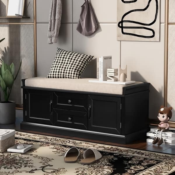 Storage Bench Black with Dual Storage Types, Drawers, and Cabinets