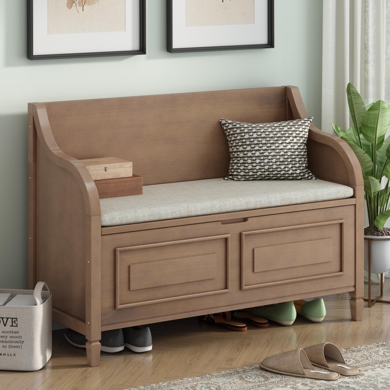 Storage Bench Brown High-Back with Curved Armrests and Lift-Top Seat