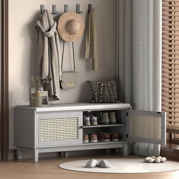 Storage Bench Gray Wash Rattan Door Inserts with Removable Cushion