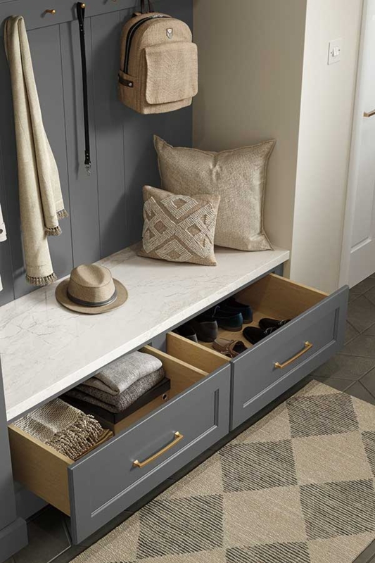 Storage Bench Grey with Marble-Like Top and Oversized Shaker Drawers