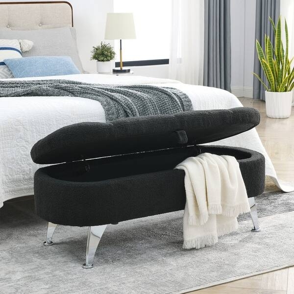 Storage Bench in Teddy Fabric, Chrome Legs Oval Boucle Bedroom Bench