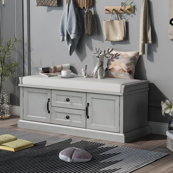 Storage Bench Light Grey with Recessed Panels, Drawers, and Cabinets