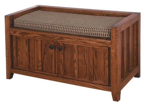 Storage Bench Mission Style with Vertical Slats and Checkered Cushion