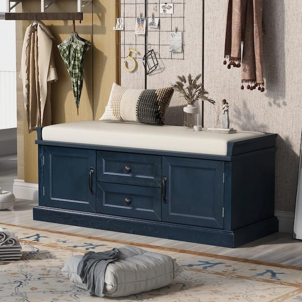 Storage Bench Navy Blue with Four Compartments, Drawers, and Cushion