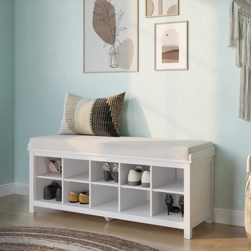 Storage Bench Ten Shoe Cubbies Seat Cushion White Transitional Style