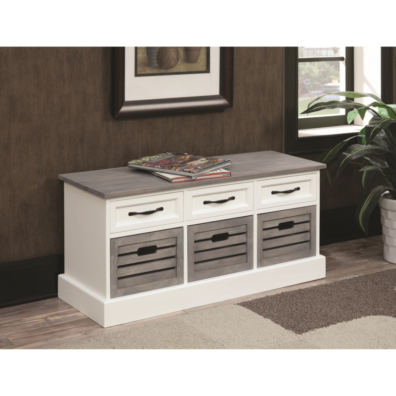 Storage Bench Two-Tone Finish with Slatted Bins and Three Drawers