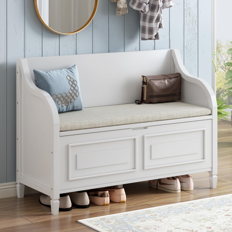 Storage Bench White with Sloped Arms, High Back, and Shoe Niche