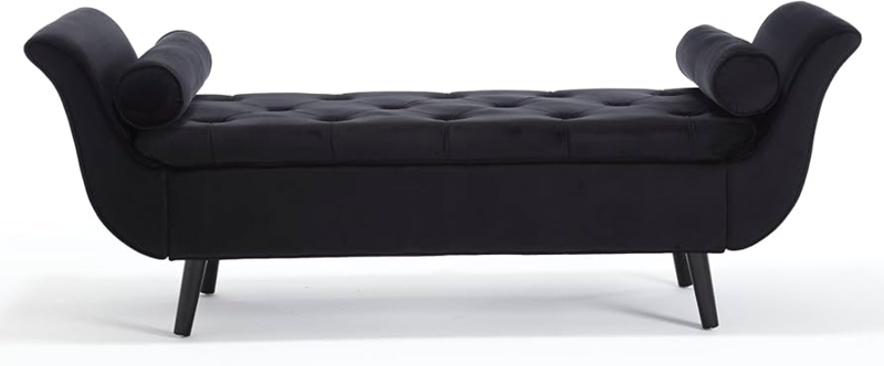 Storage Bench with Bolster Pillows, Tufted Velvet Rolled Arm Glam Seating